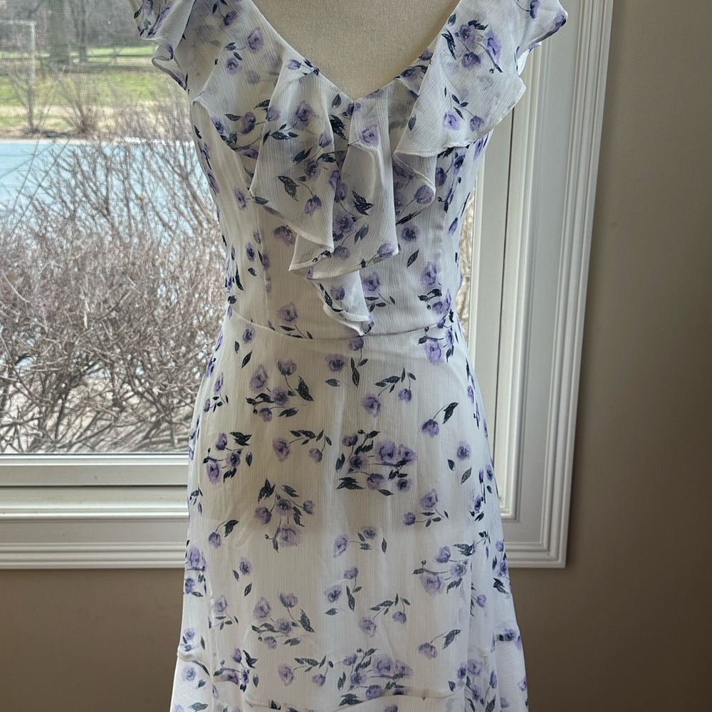 DKNY White‎ and Purple Floral V-neck Midi Dress
